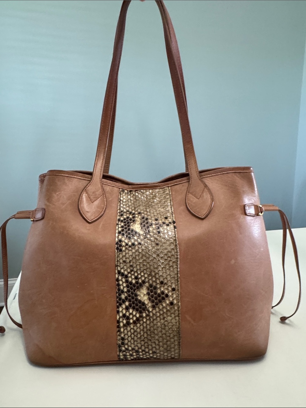 Taxidermy Liz Tote. Camel with genuine Python stripe-Medium - Picture 2 of 10